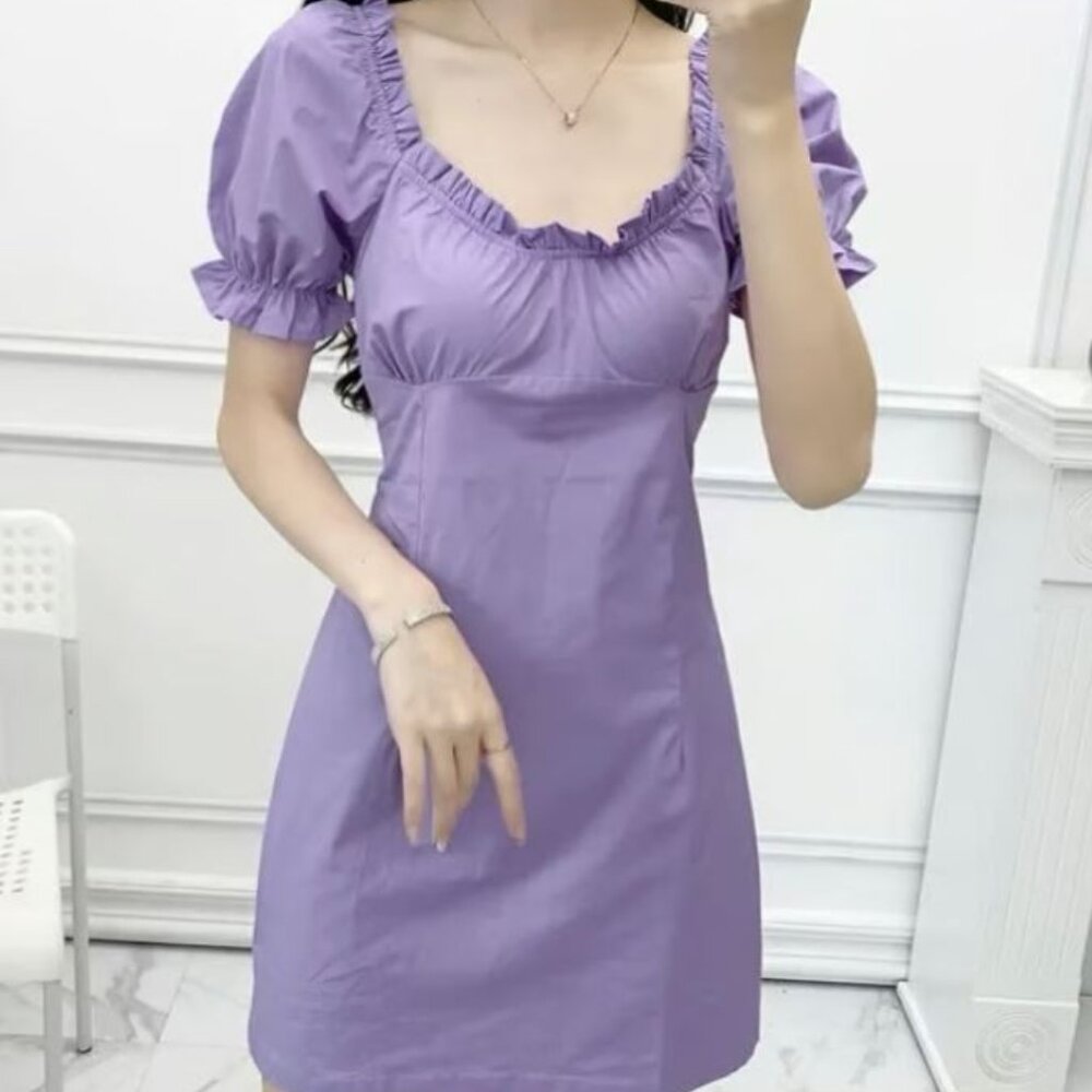 Korean style ruffle trim pastel purple mini dress